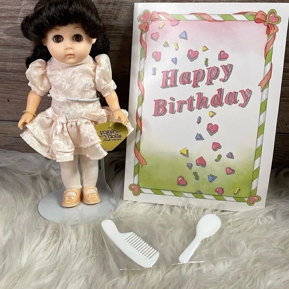 Vogue Vintage 1986 Brown Haired birthday Girl Ginny Doll with Stand , 8” Tall
